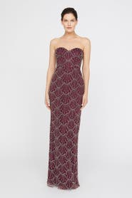 Theia Tessa Strapless Beaded Sweetheart Neckline Mesh Column Gown