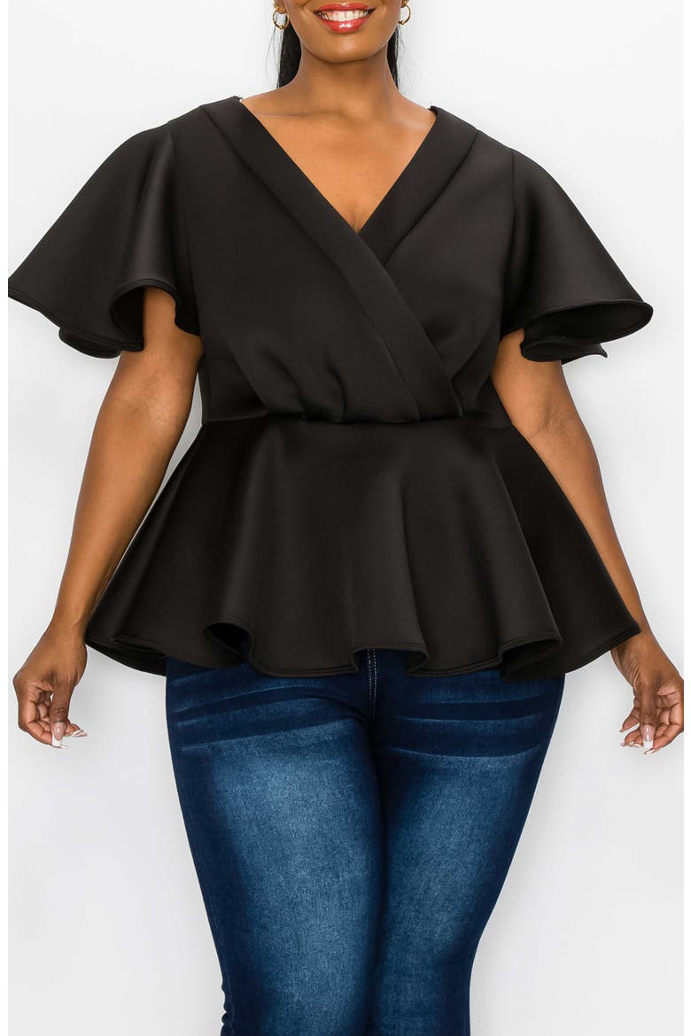 Siobhan Flutter Sleeve Scuba Knit Peplum Top, Main, color, BLACK