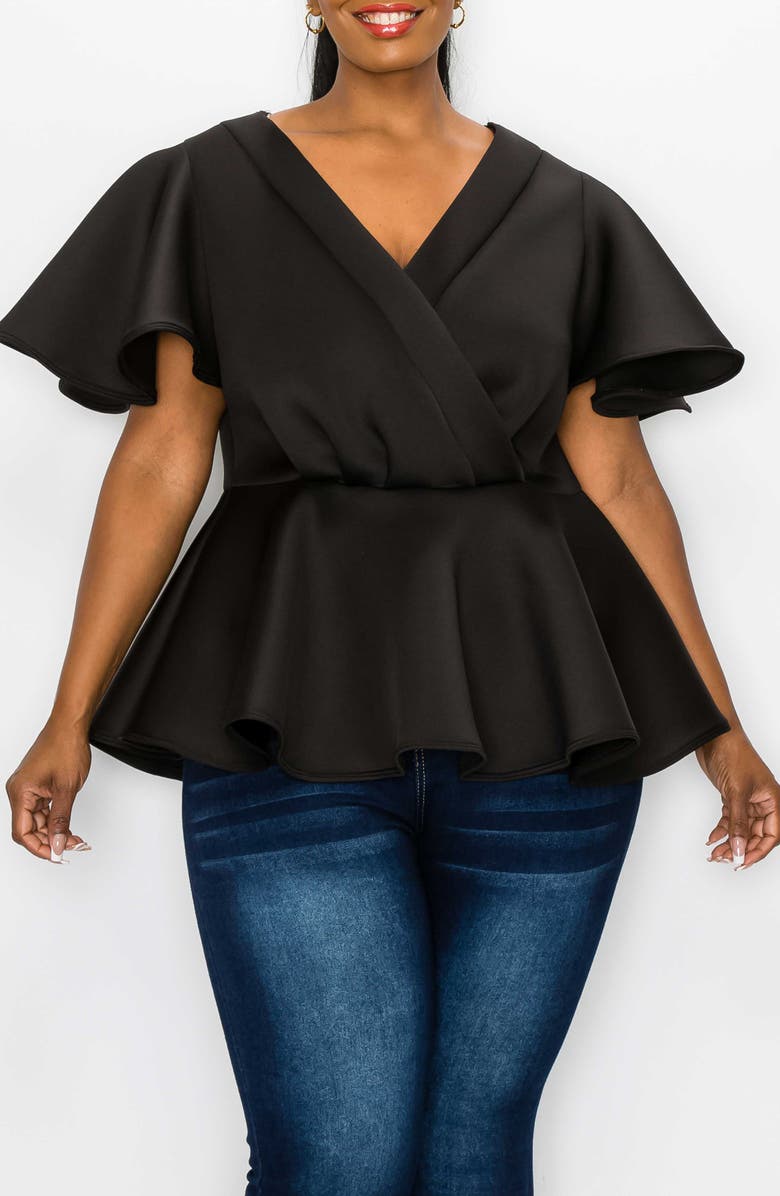 L I V D Siobhan Flutter Sleeve Scuba Knit Peplum Top, Main, color, Black