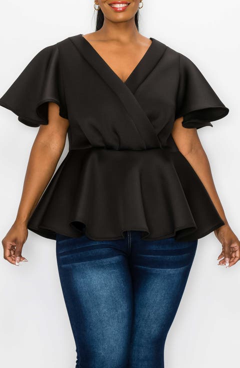 Siobhan Flutter Sleeve Scuba Knit Peplum Top (Plus)