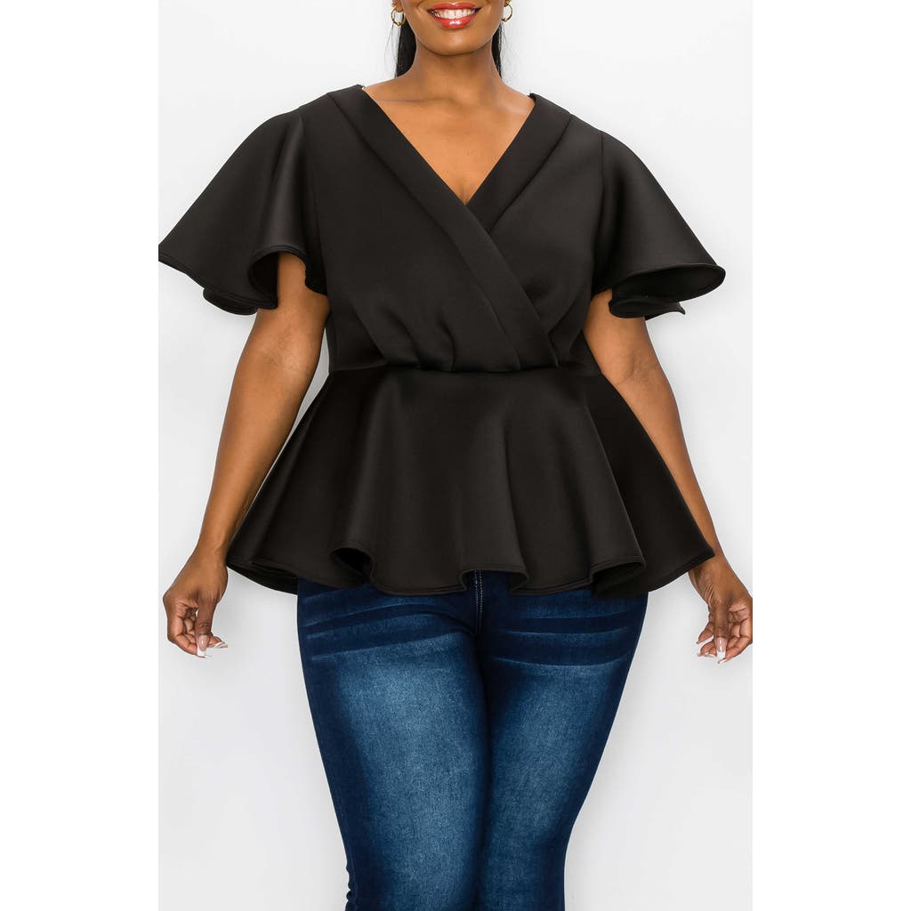 L I V D Siobhan Flutter Sleeve Scuba Peplum Top In Black