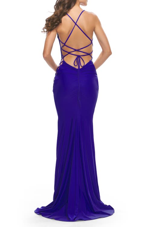 La Femme Unique Jersey Dress With Open Criss Cross Sides In Royal Blue