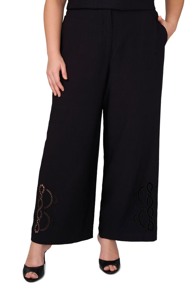 Vince Camuto Lattice Inset High Waist Wide Leg Pants, Main, color, Rich Black