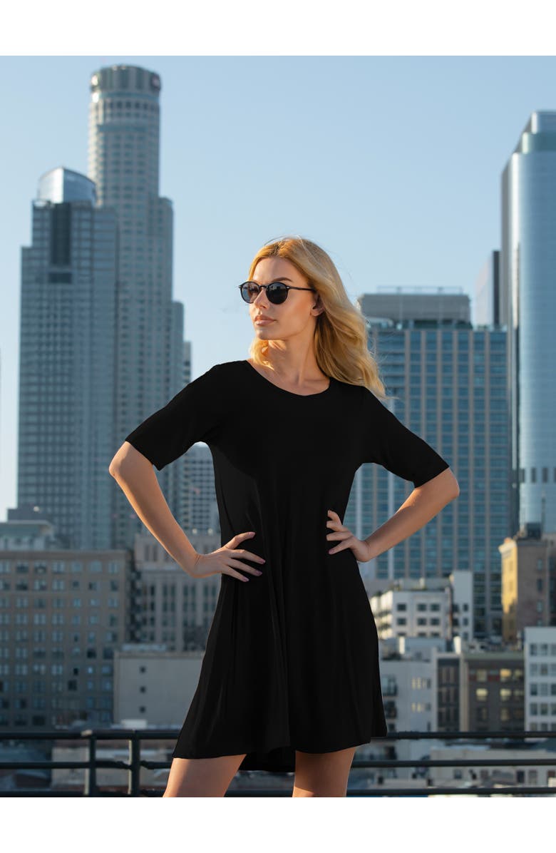 24seven Comfort Apparel Scoop Neck Elbow Sleeve Knee Legth Dress, Alternate, color, Black