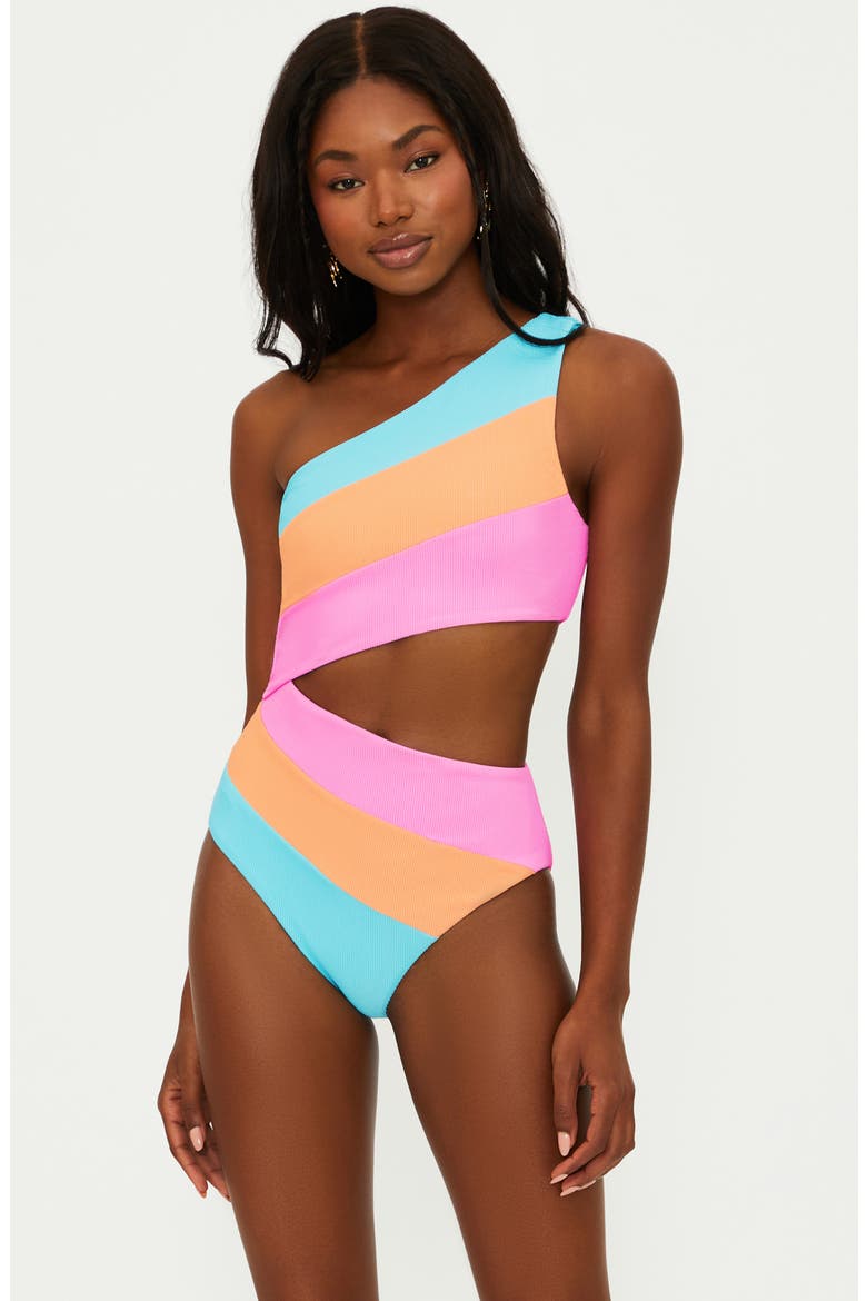 Joyce Stripe Cutout One-Shoulder One-Piece Swimsuit, Alternate, color, CRUSH COLORBLOCK