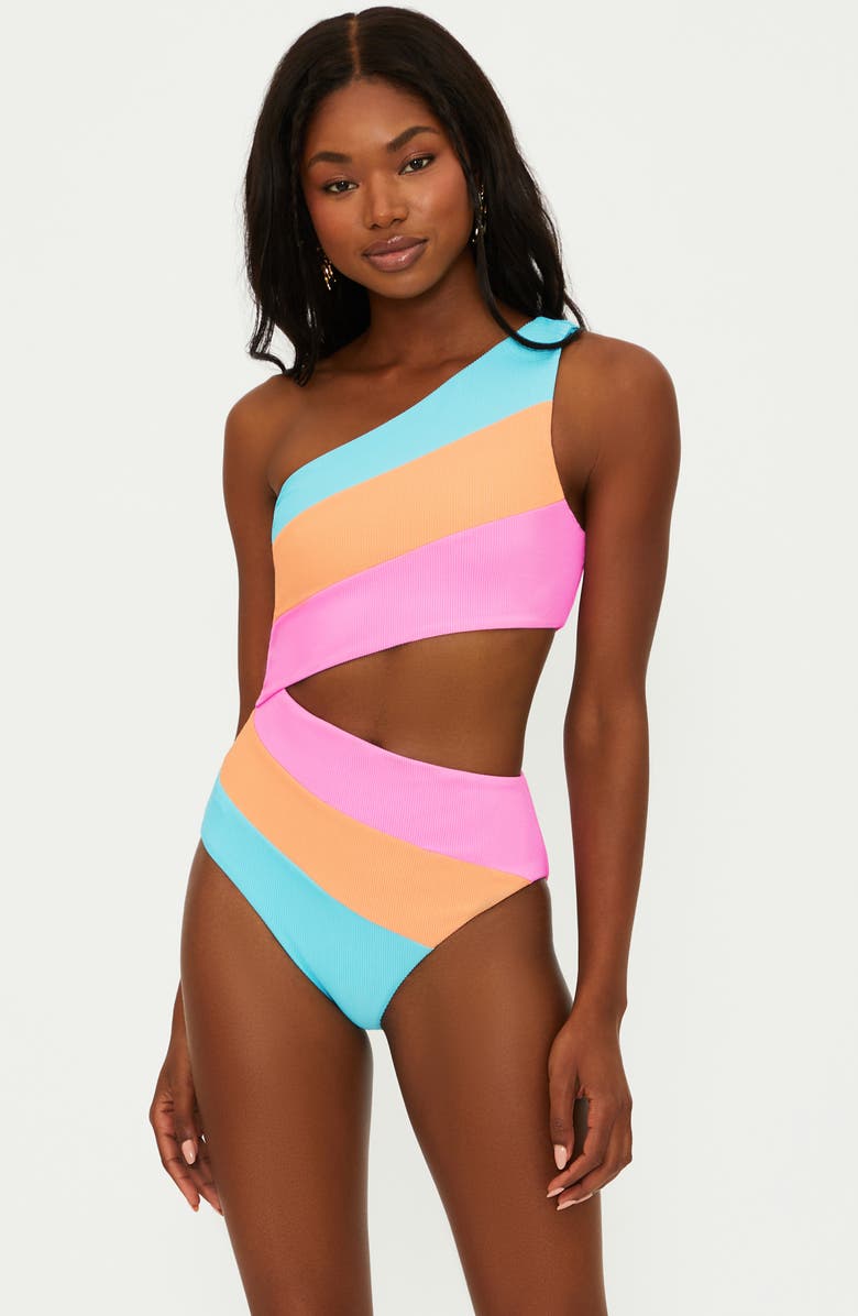 Beach Riot Joyce Stripe Cutout One-Shoulder One-Piece Swimsuit, Alternate, color, Crush Colorblock