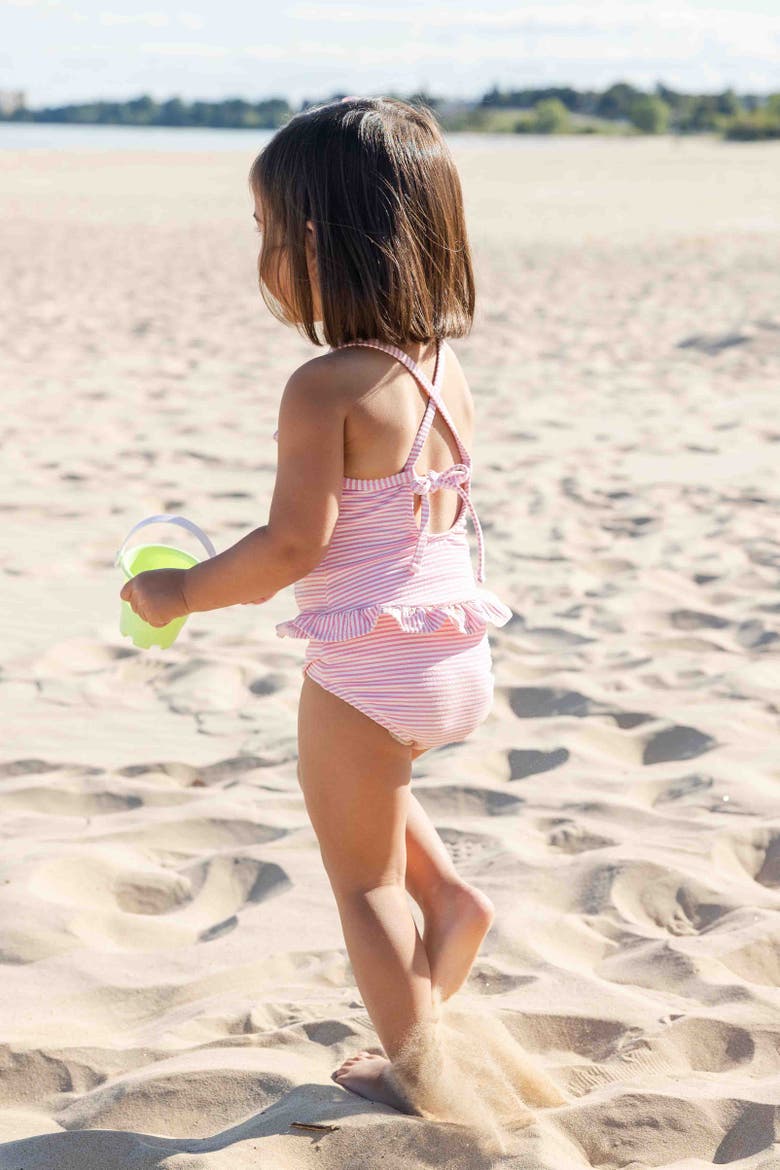 Stripe Seersucker Swimsuit with Flower, Alternate, color, Pink/White