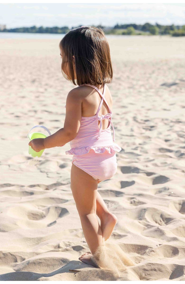 Florence Eiseman Stripe Seersucker Swimsuit with Flower, Alternate, color, Pink/White