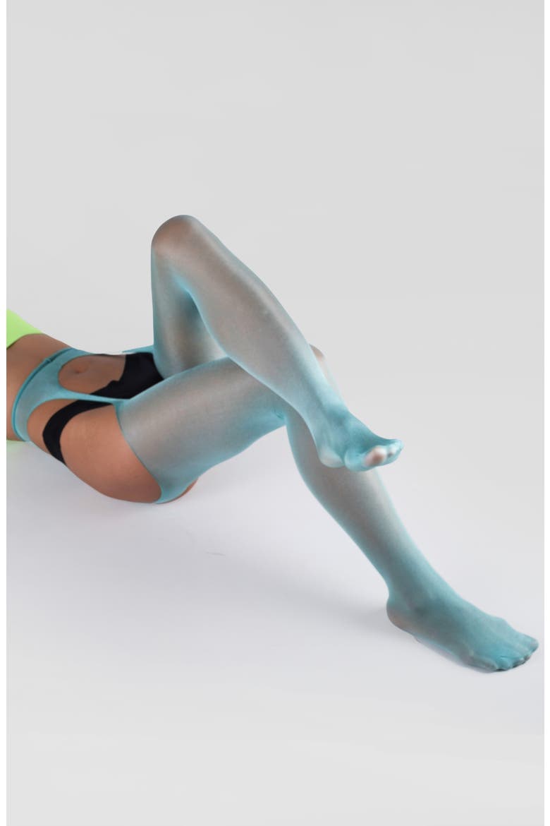 Lustrous Silky Shiny Sheer Suspender Crotchless Tights, Alternate, color, TEAL GREEN