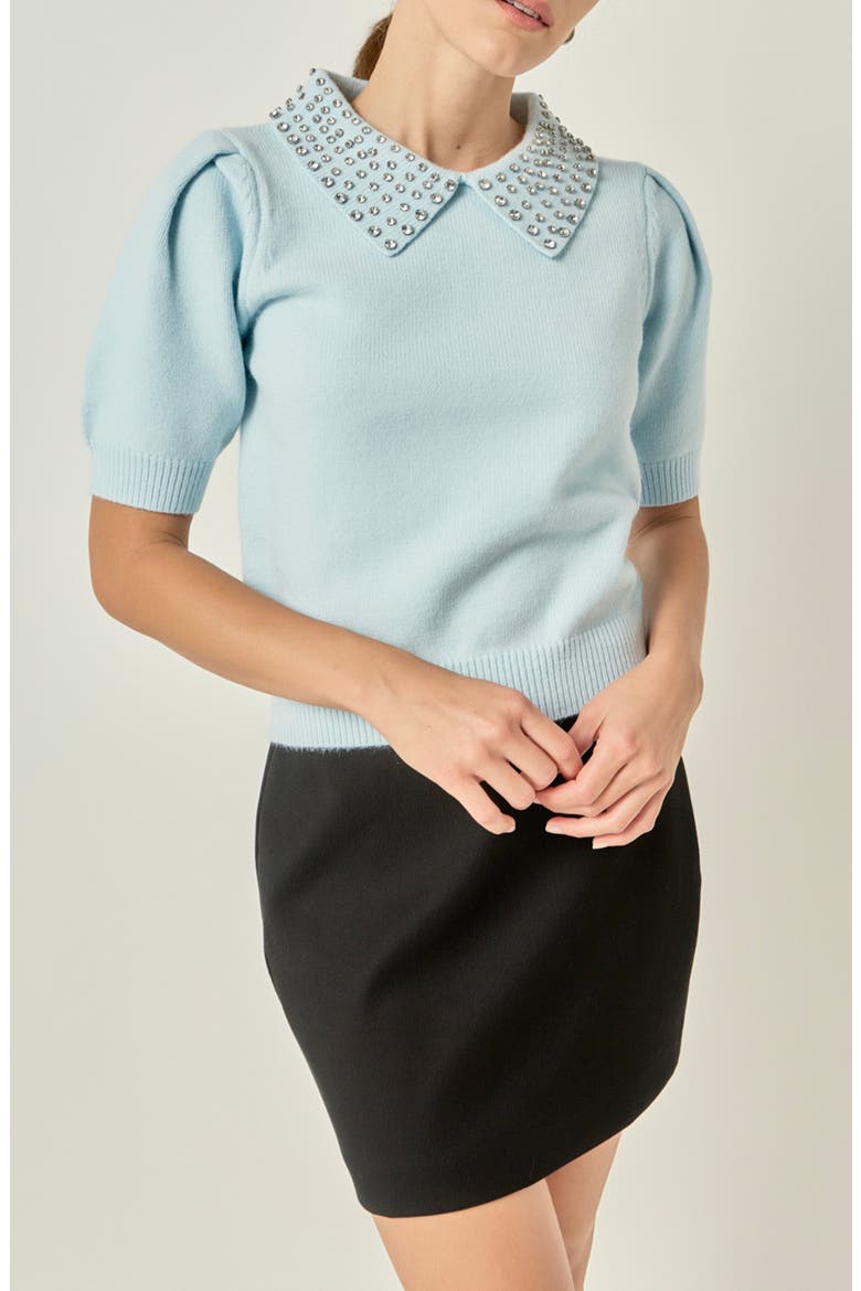 Rhinestone Collar Puff Sleeve Sweater, Main, color, ICY BLUE