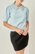 English Factory Rhinestone Collar Puff Sleeve Sweater