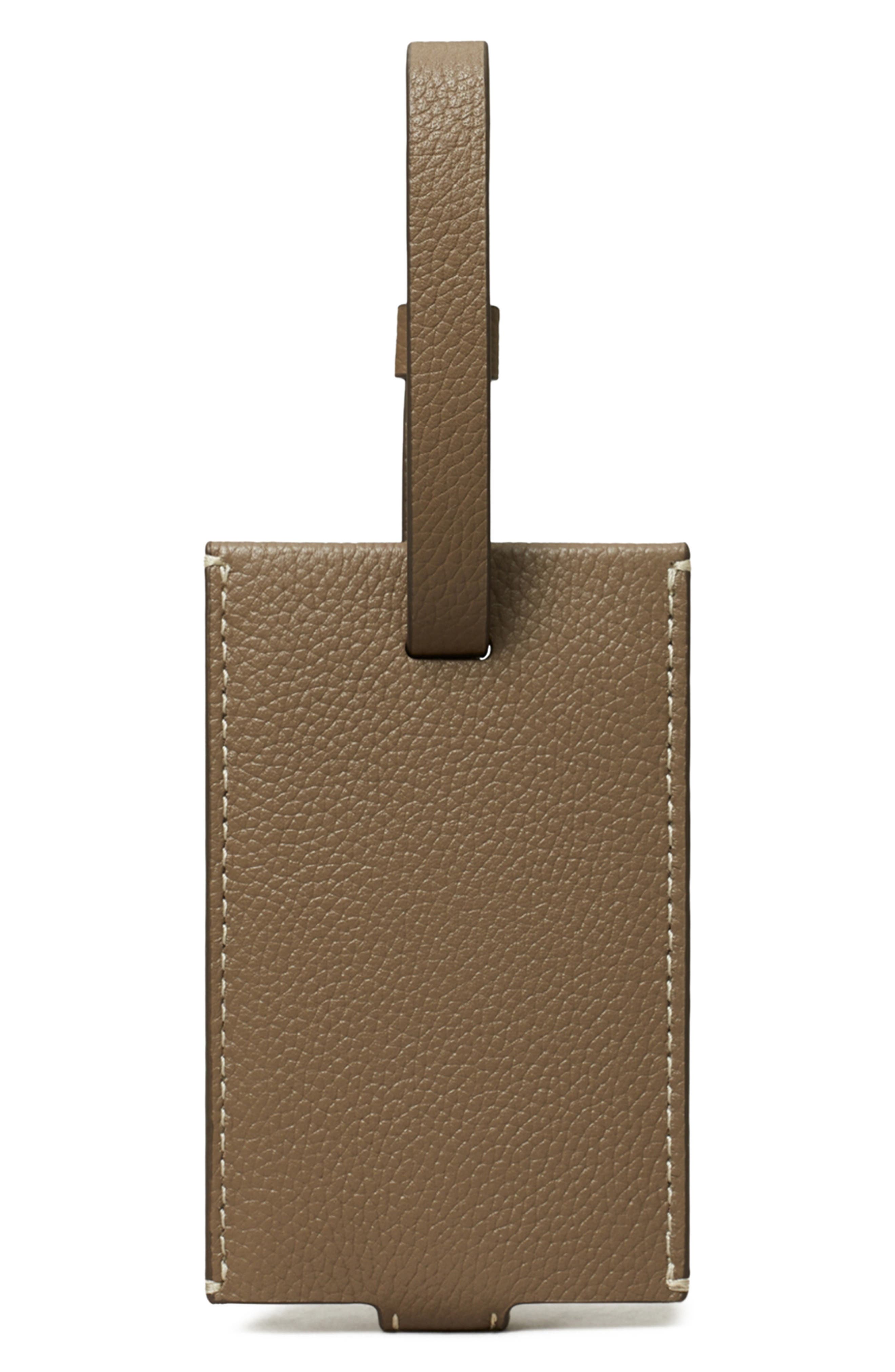Tory Burch Leather Luggage Tag, Alternate, color, Wild Mushroom
