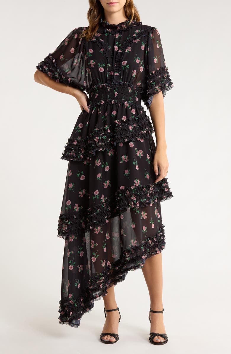 Sister Jane Rose Print Ruffle Maxi Dress, Main, color, Black