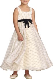 Mac Duggal Girls Polka Dot Chiffon Maxi Dress with Bow Sash
