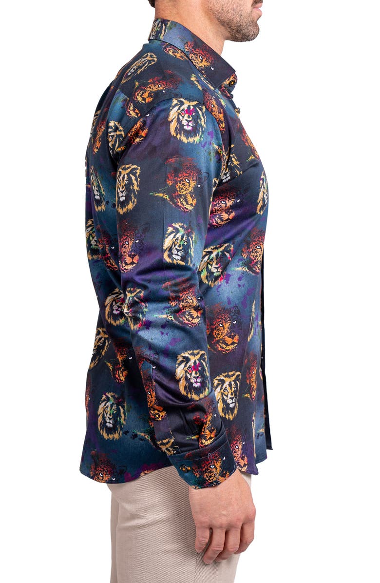 Maceoo Fibonacci Ascension 0234 Lion Print Contemporary Fit Button-Up Shirt, Alternate, color, Black