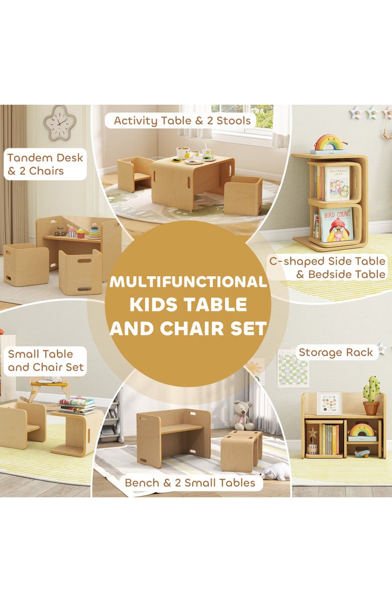 Qaba Toddler Table and Chair Set Wooden Activity Table with Two Kids Montessori Chairs for Ages Play Eating and Learning, Alternate, color, Natural Wood