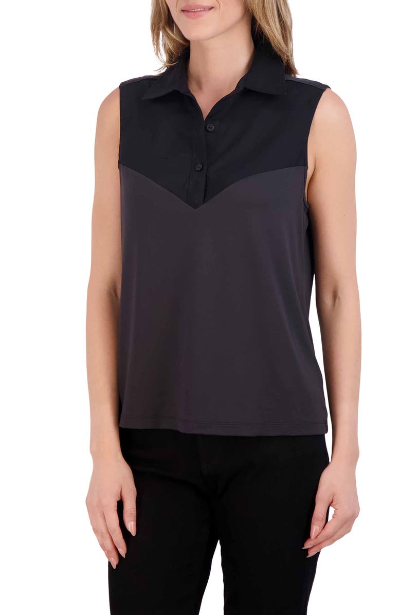 Foxcroft Ricki Mixed Media Sleeveless Button-Up Shirt, Main, color, Black