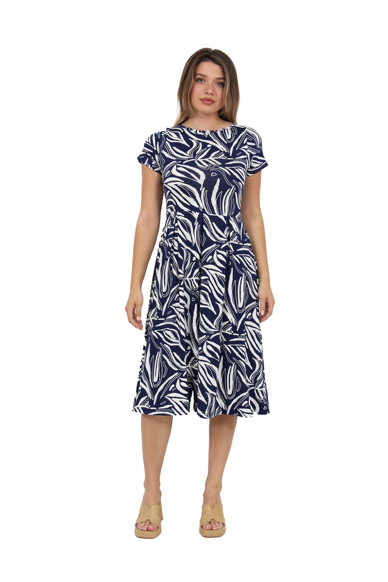 Womens Essential Abstract Print Short Sleeve Boat Neck Pleated Pocket Fit & Flare Midi Dress, Main, color, Navy Multi
