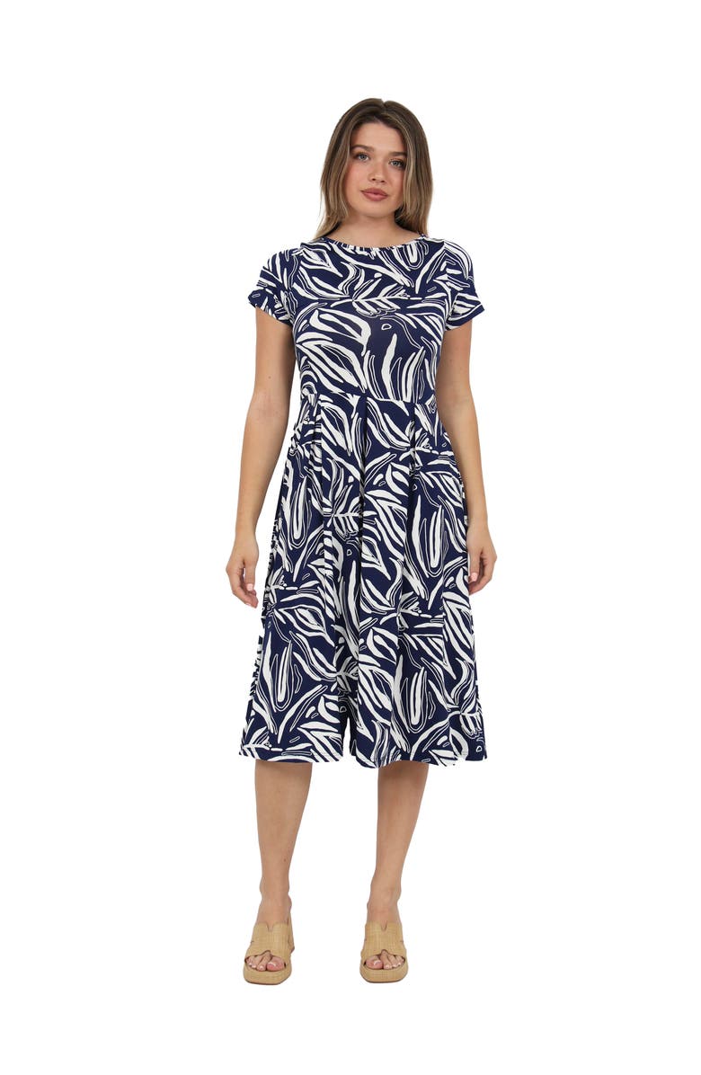 24seven Comfort Apparel Womens Essential Abstract Print Short Sleeve Boat Neck Pleated Pocket Fit & Flare Midi Dress, Main, color, Navy Multi
