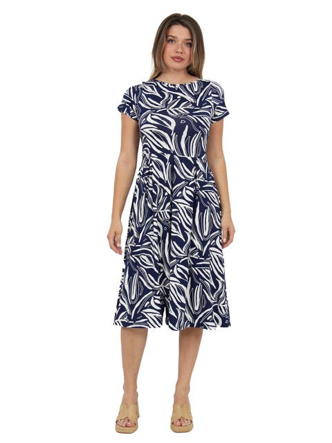 Womens Essential Abstract Print Short Sleeve Boat Neck Pleated Pocket Fit & Flare Midi Dress