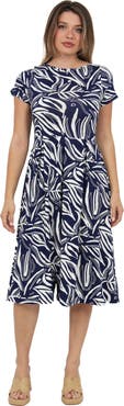 24seven Comfort Apparel Womens Essential Abstract Print Short Sleeve Boat Neck Pleated Pocket Fit & Flare Midi Dress