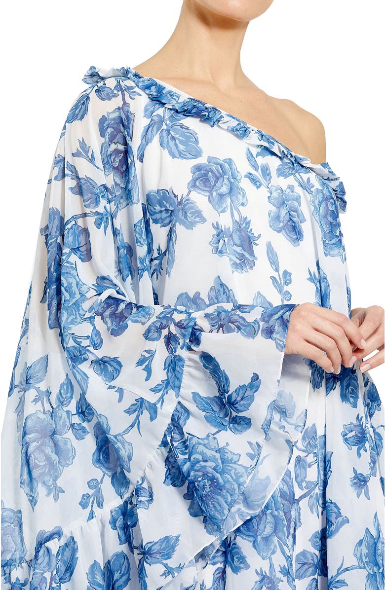 Mac Duggal Floral Asymmetrical One-Shoulder Dress with Cape Sleeve, Alternate, color, White Multi
