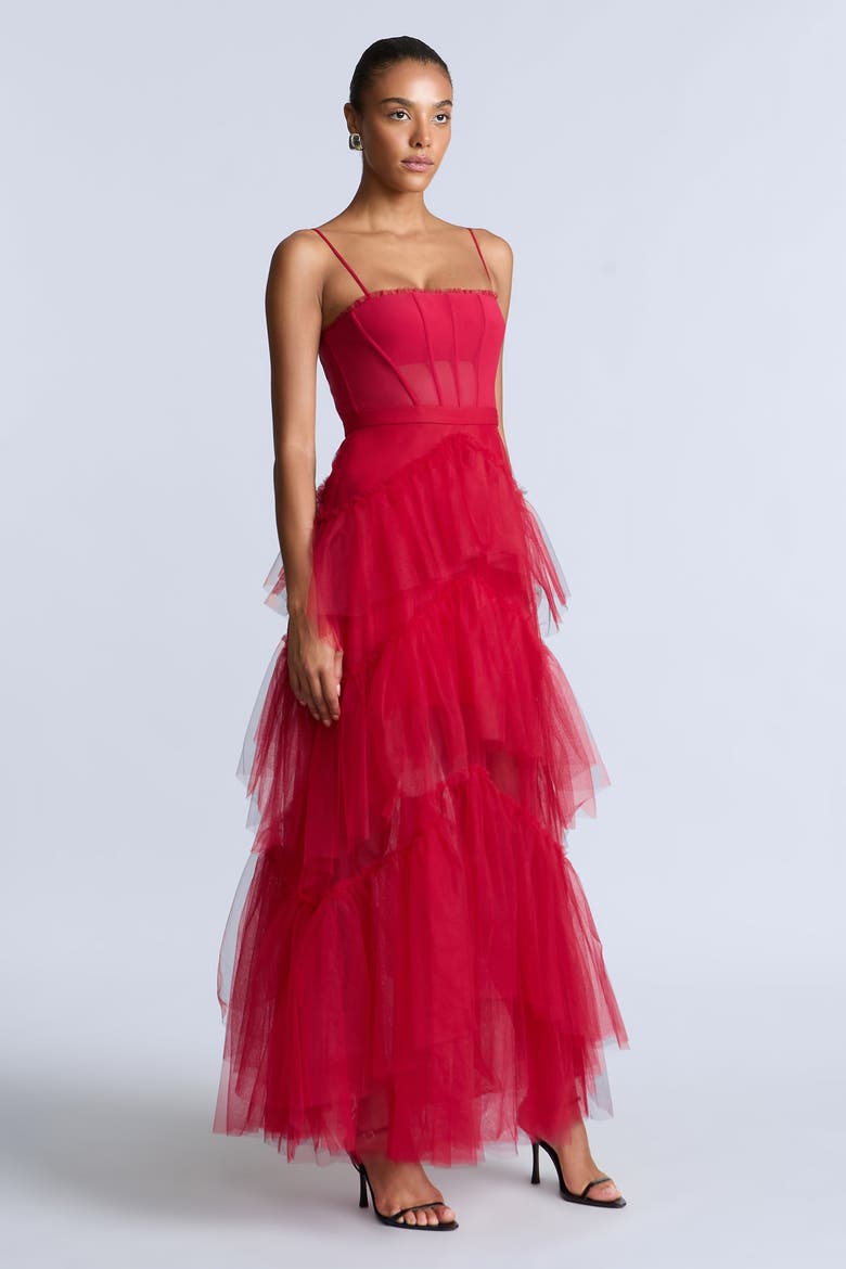 Oly Tiered Ruffle Tulle Evenin, Alternate, color, Red