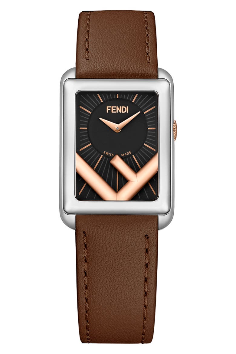 Run Away Rectangle Leather Strap Watch, 22.5mm x 32mm, Main, color, BROWN/ BLACK/ SILVER
