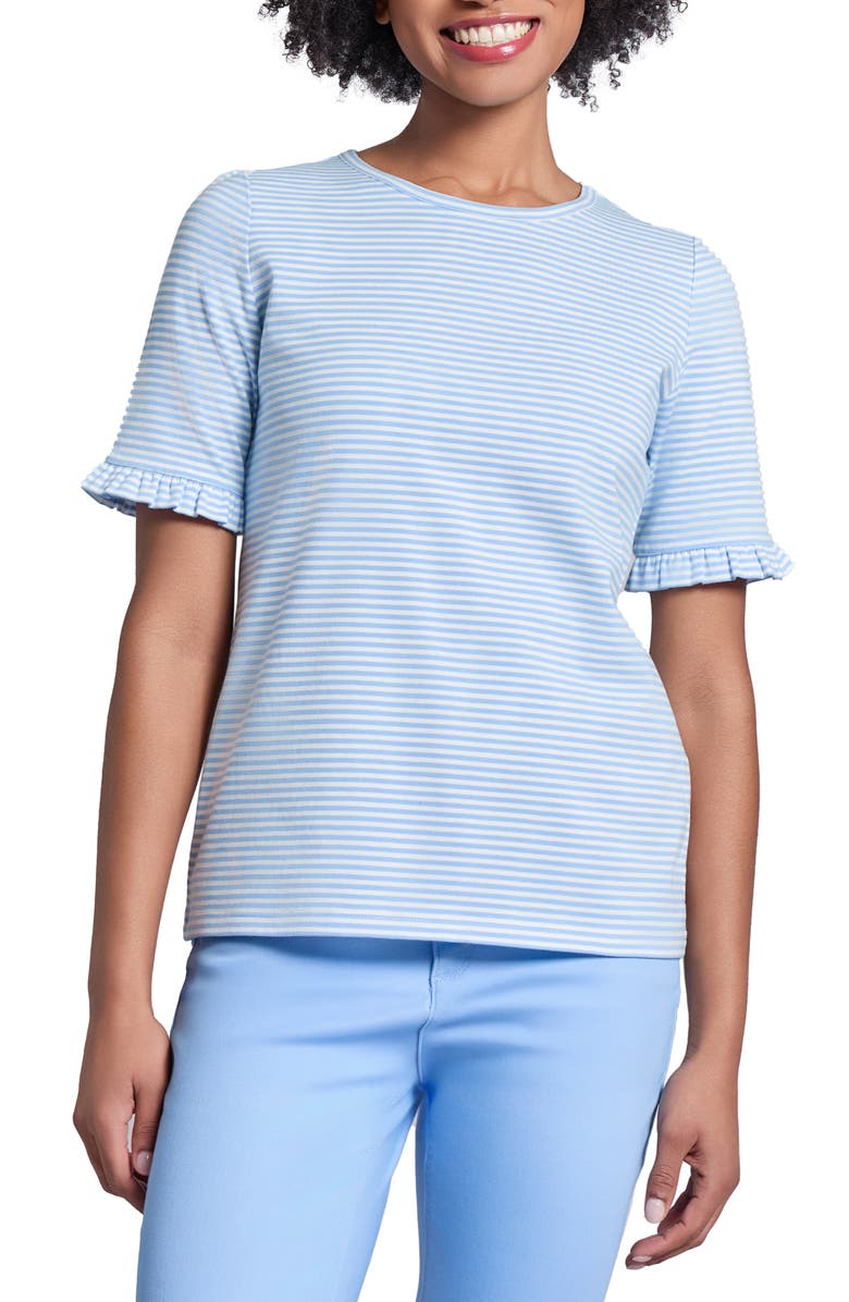 Jones New York Ruffle Sleeve Stripe Stretch Cotton T-Shirt, Main, color, 