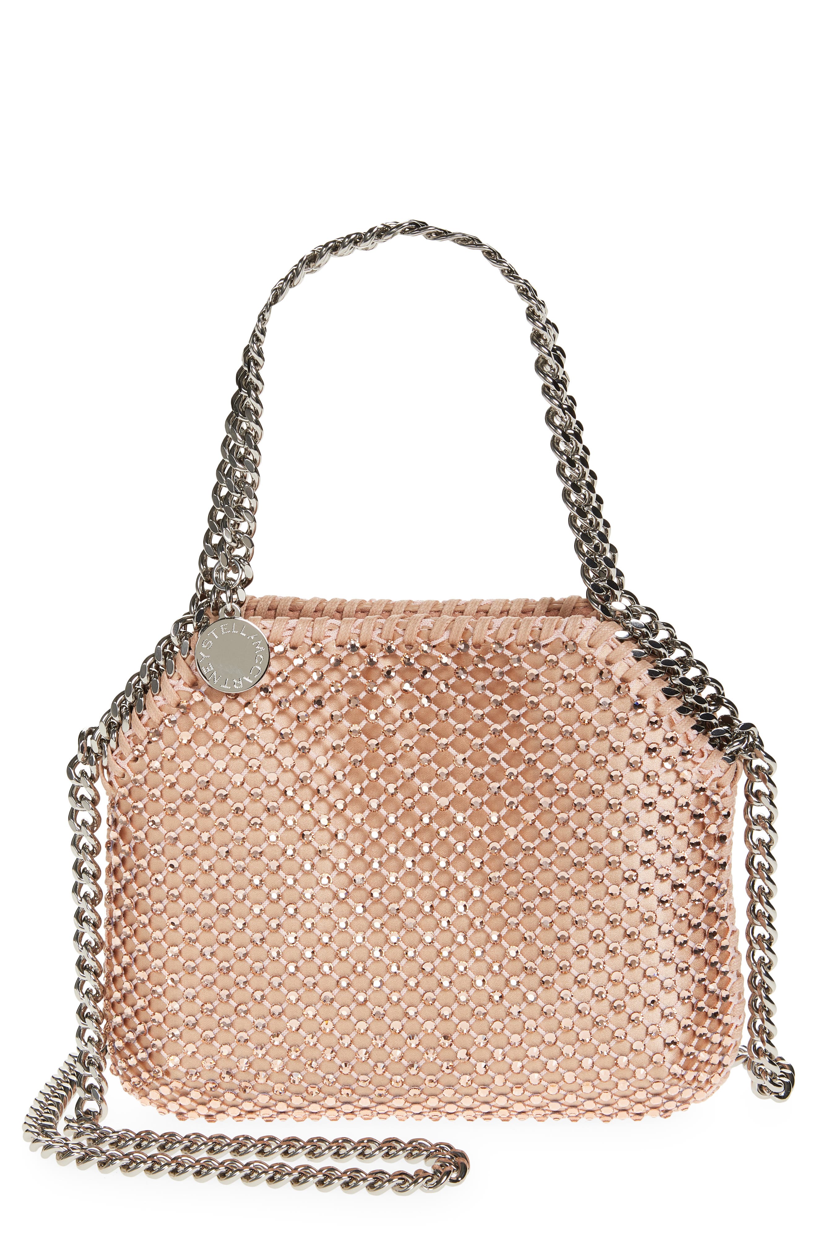 Stella McCartney Nano Falabella Crystal Mesh Crossbody Bag, Main, color, Light Peach