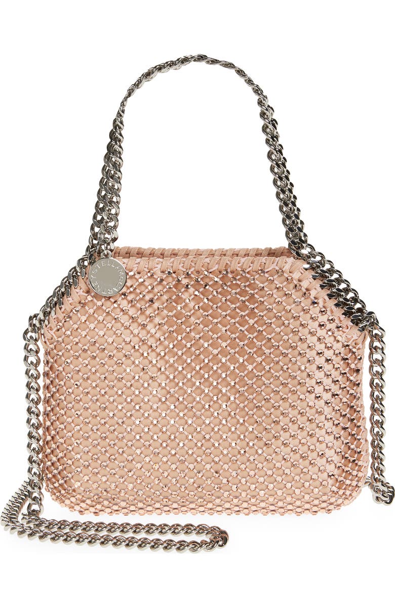 Stella McCartney Nano Falabella Crystal Mesh Crossbody Bag, Main, color, Light Peach