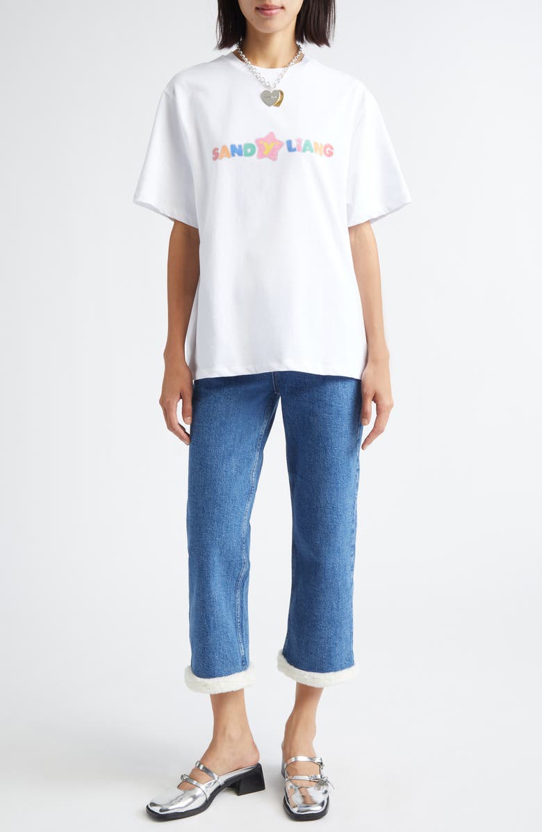 Sandy Liang Moni Faux Fur Trim Jeans, Alternate, color, Medium Blue