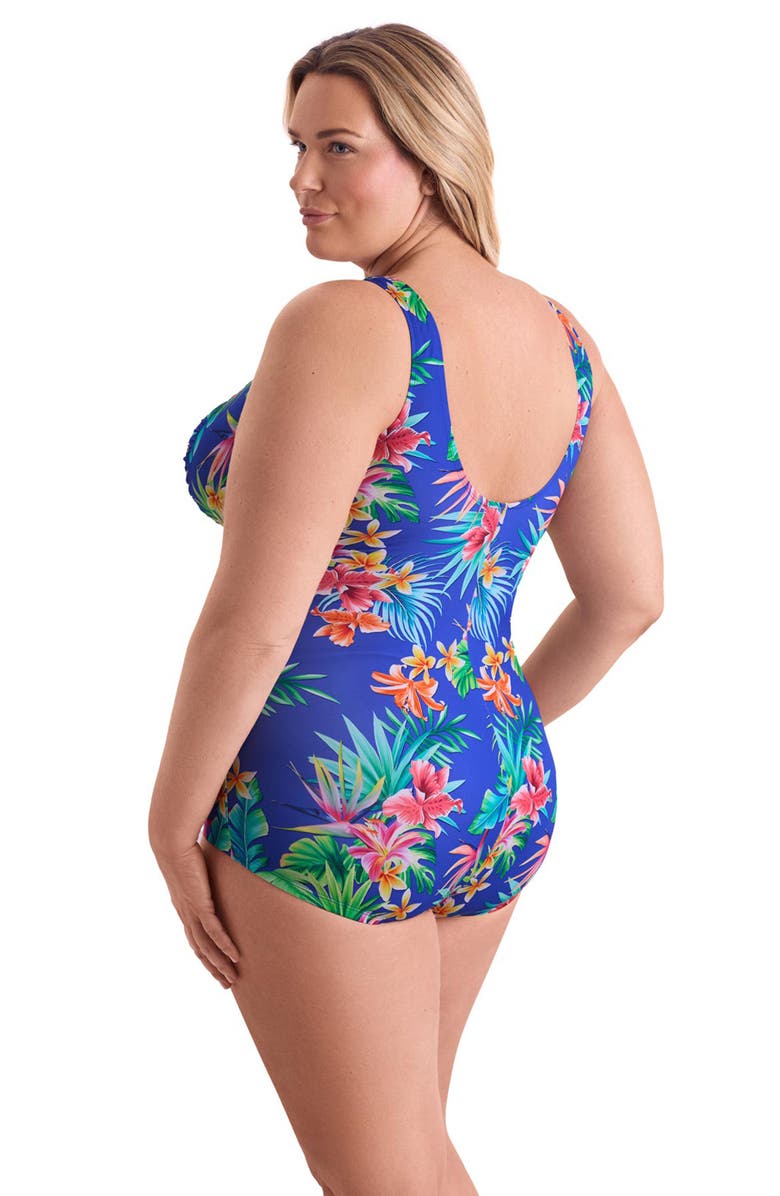 ShapeSolver Shirred Front Princess Seam Girl Leg Plus Size One-Piece Swimsuit, Alternate, color, Tropical Tendencies