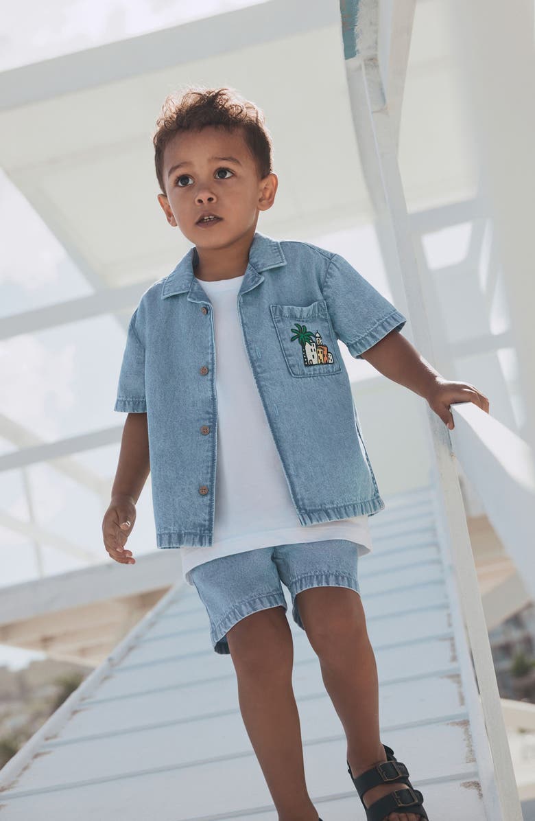 NEXT Kids' Graphic Denim Button-Up Top & Shorts Set, Alternate, color, Blue