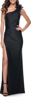 La Femme One Shoulder Jersey Gown with Feather Detail