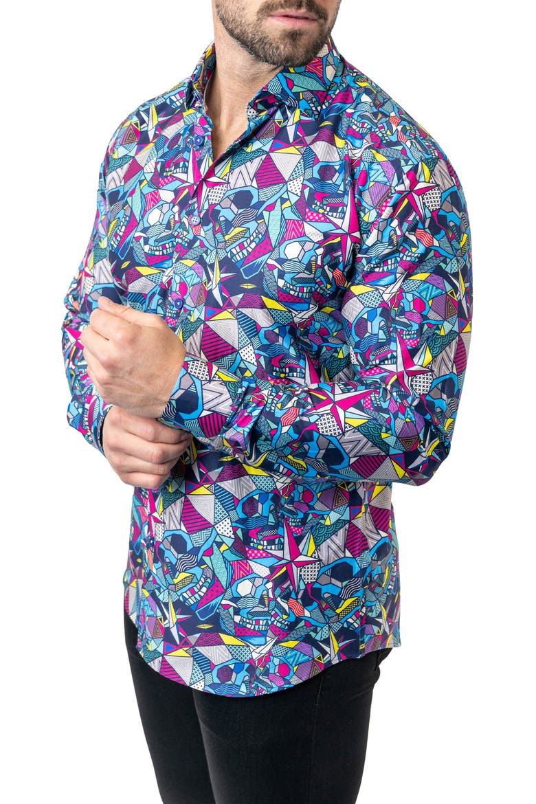 Fibonacci Abstract Skull Cotton Button-Up Shirt, Alternate, color, BLUE
