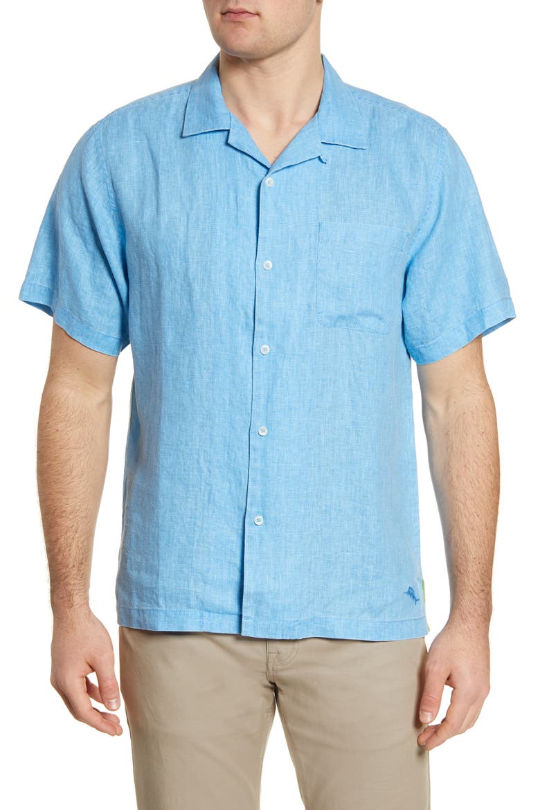 Sea Glass Short Sleeve Button-Up Linen Camp Shirt, Main, color, BLUE YONDER