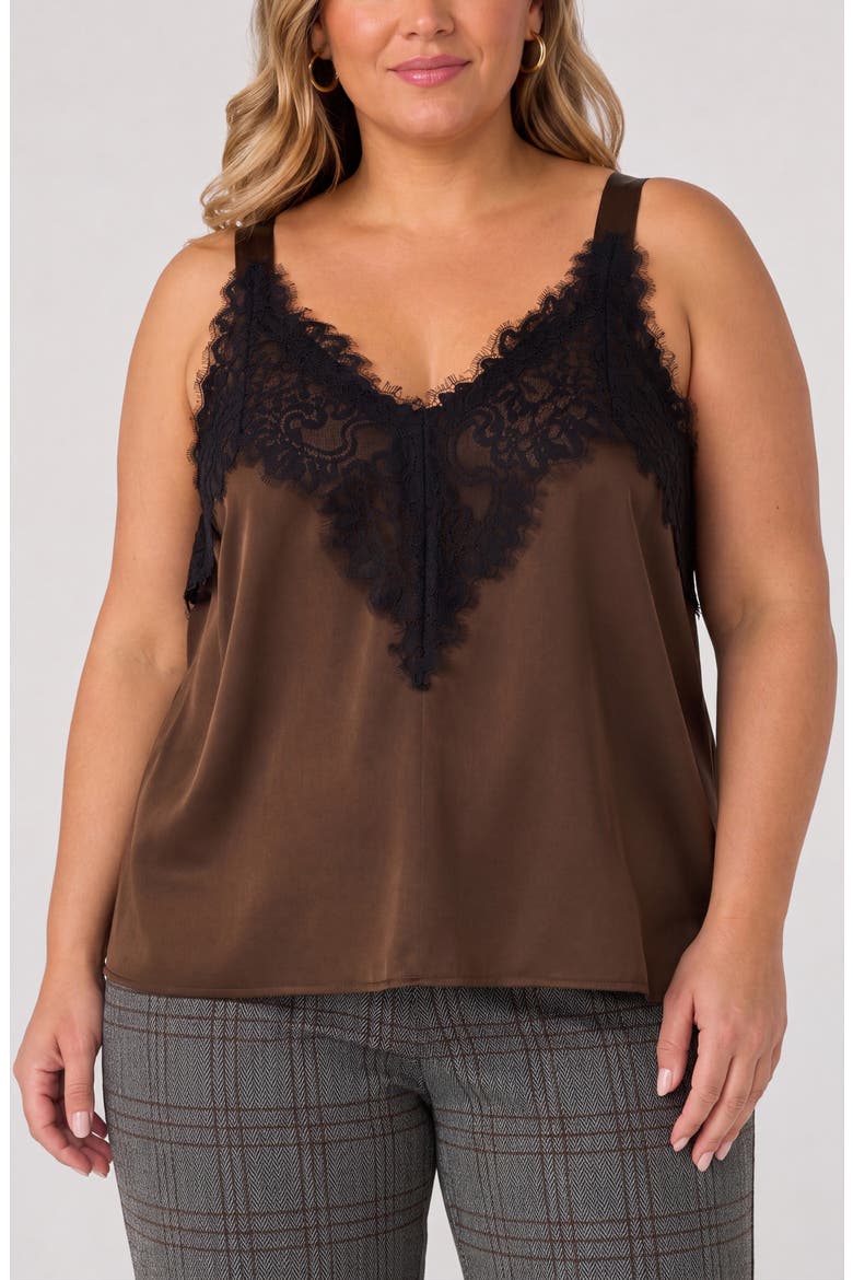 Lace Trim Satin Camisole, Main, color, DARK ESPRESSO/ BLACK