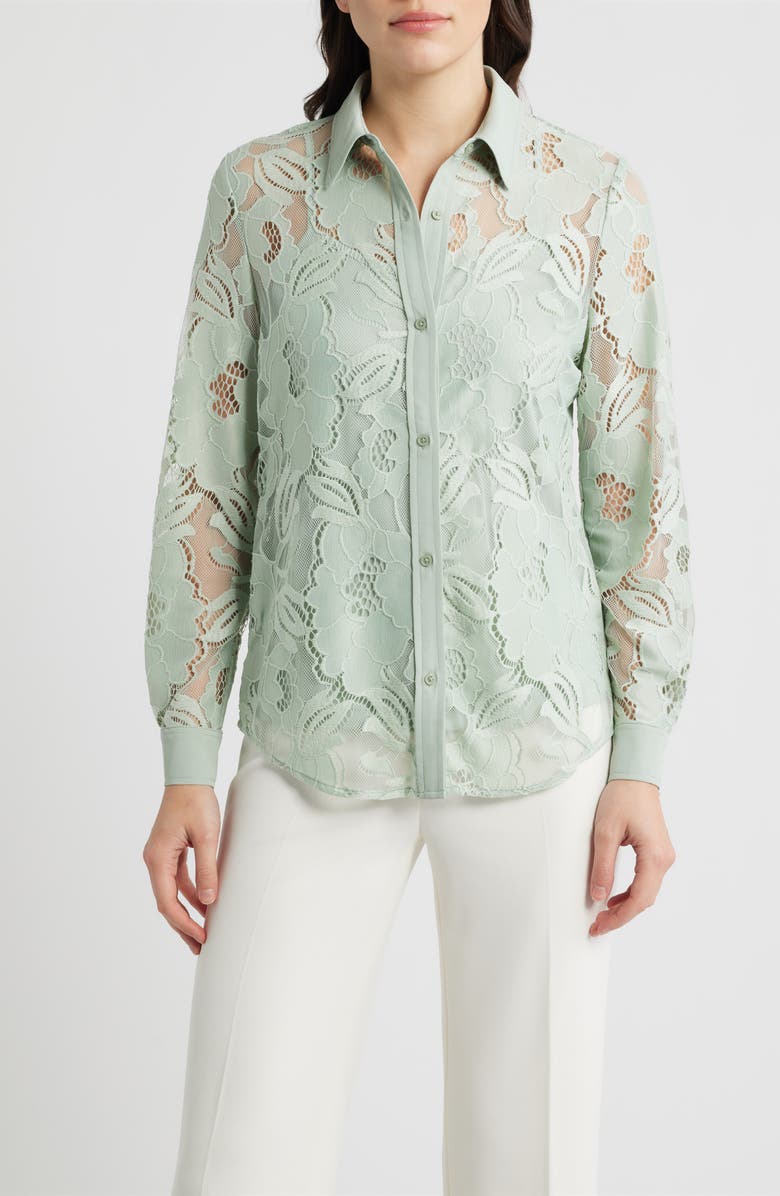 Anne Klein Lace Button-Up Shirt, Main, color, Soft Aloe