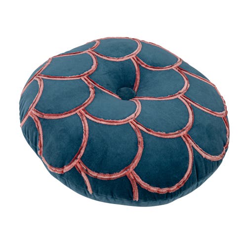 Storied Home 18 Inches Round Cotton Pillow With Tufted Scallop Pattern In Blue