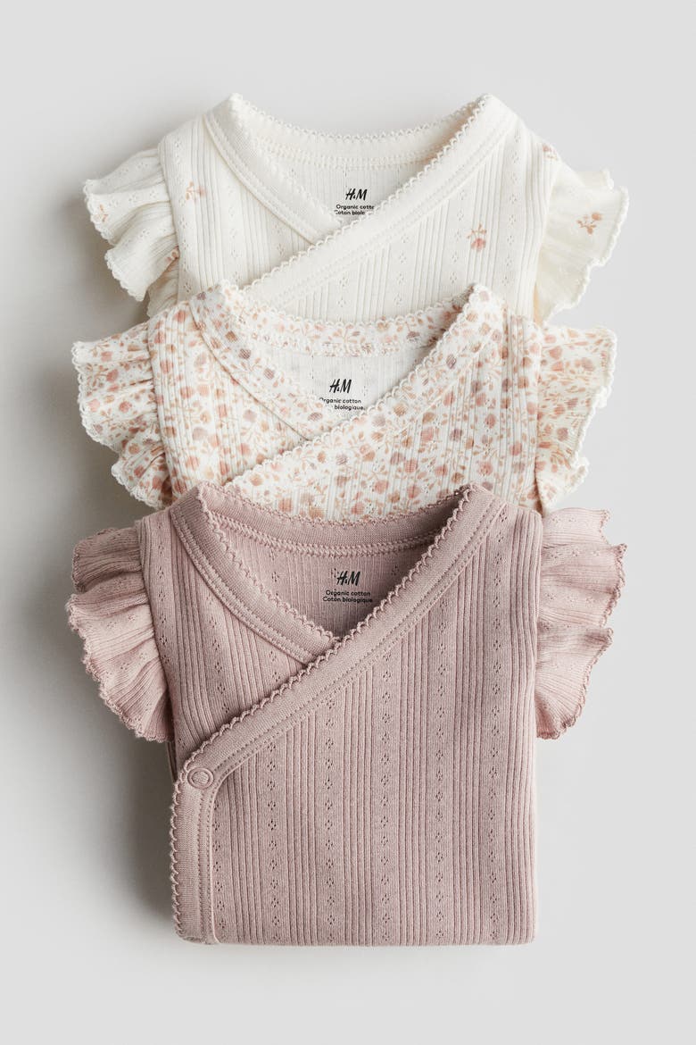 3-pack Pointelle Wrapover Bodysuits, Alternate, color, Dusty pink/floral