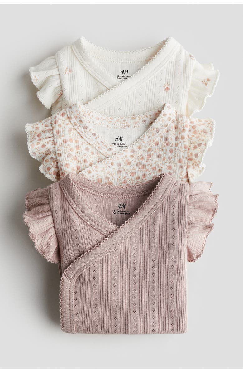 H&M 3-pack Pointelle Wrapover Bodysuits, Alternate, color, Dusty Pink/Floral