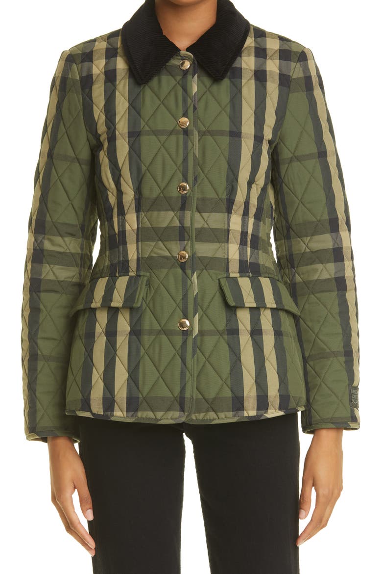 Lydd Check Fitted Quilted Flannel Barn Jacket, Main, color, DARK MILITARY GREEN
