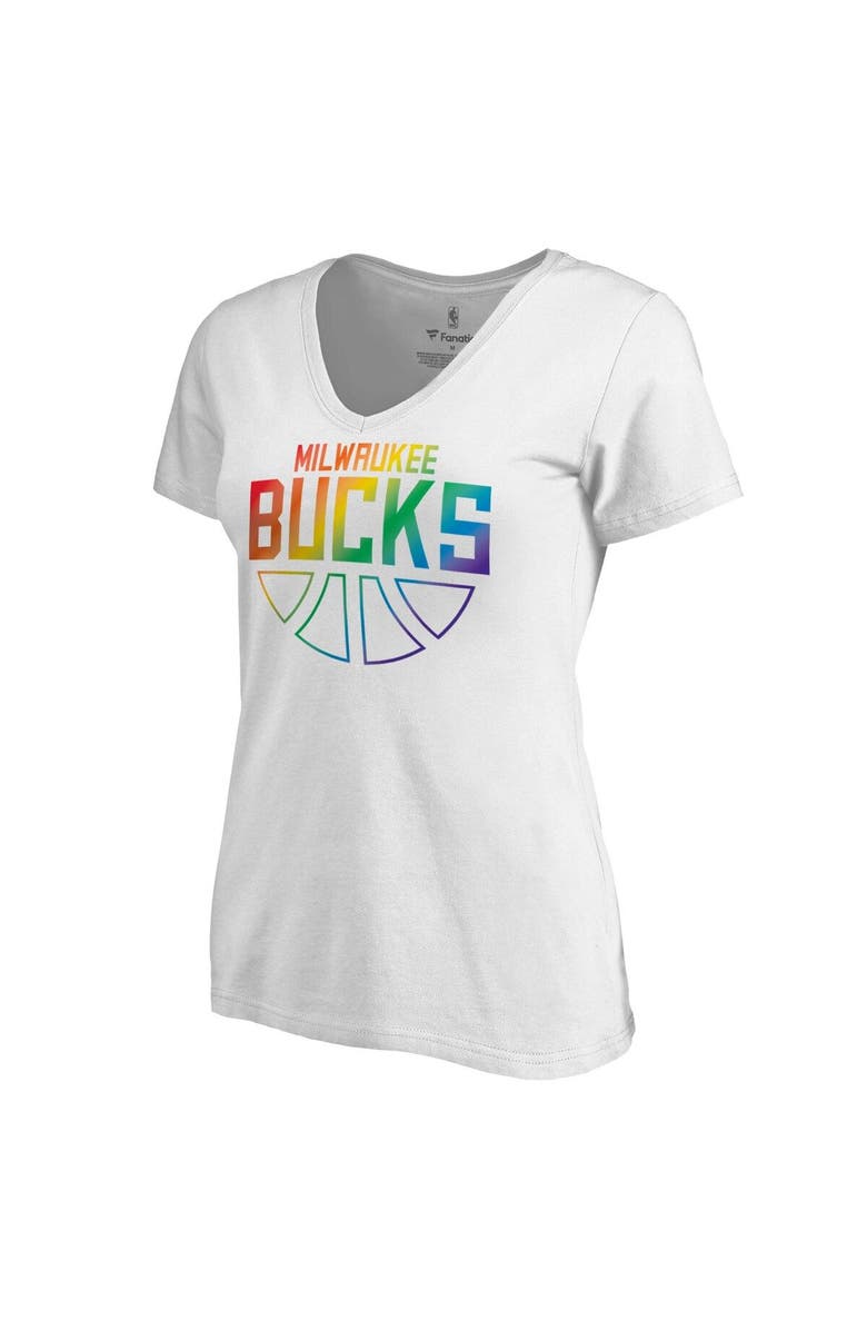 FANATICS Women's Fanatics Branded White Milwaukee Bucks Team Pride Wordmark V-Neck T-Shirt, Alternate, color, 