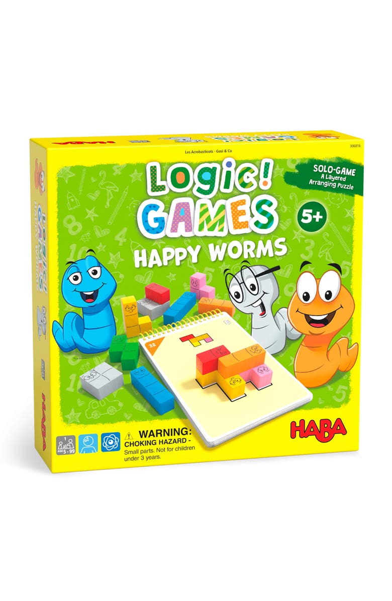 HABA Logic! Games Happy Worms - Children's Board Game for 5+ with 60 Solo Brain Teasers and Puzzle Fun to Develop Fine Motor Skills, Made in Germany, Main, color, Multi