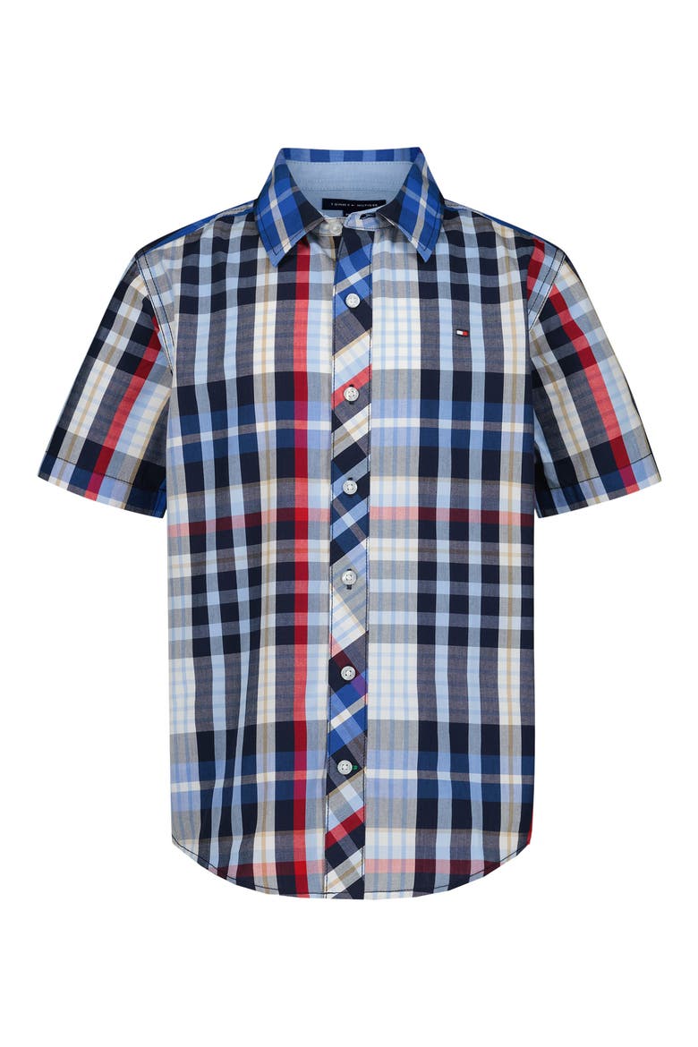 Kids' Plaid Short Sleeve Button-Up Shirt, Main, color, NAVY BLAZER
