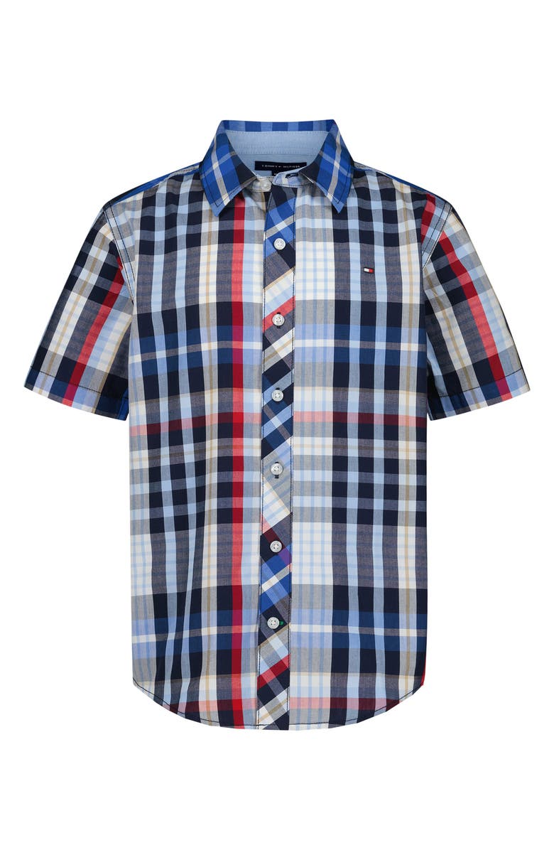 Tommy Hilfiger Kids' Plaid Short Sleeve Button-Up Shirt, Main, color, Navy Blazer