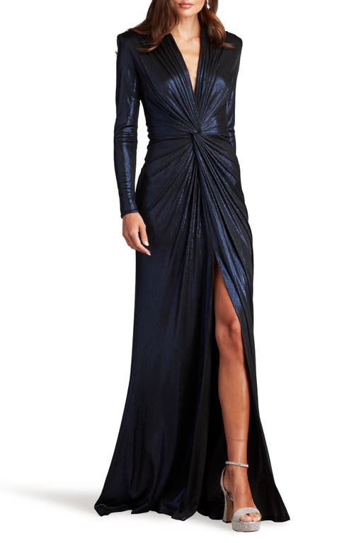 Tadashi Shoji Metallic Long Sleeve Liquid Jersey Gown In Royal Navy