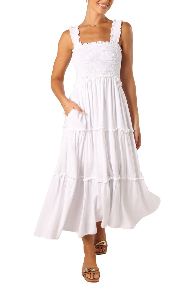 Serafina Smocked Tiered Sundress, Main, color, WHITE