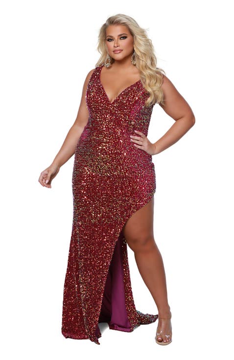 Bra-Friendly V-neck Sequin Velvet Plus Size Gown